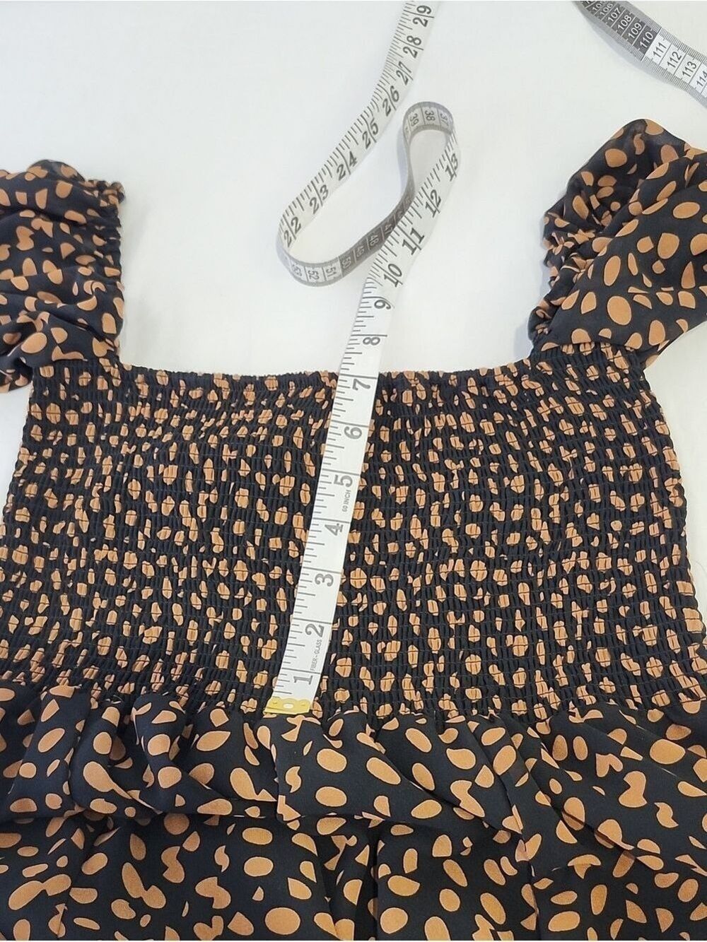 O.P.T. Black Brown Smocked Long Sleeve Midi Dress XL NWT Cottage Flowy Polka Dot - Picture 8 of 9